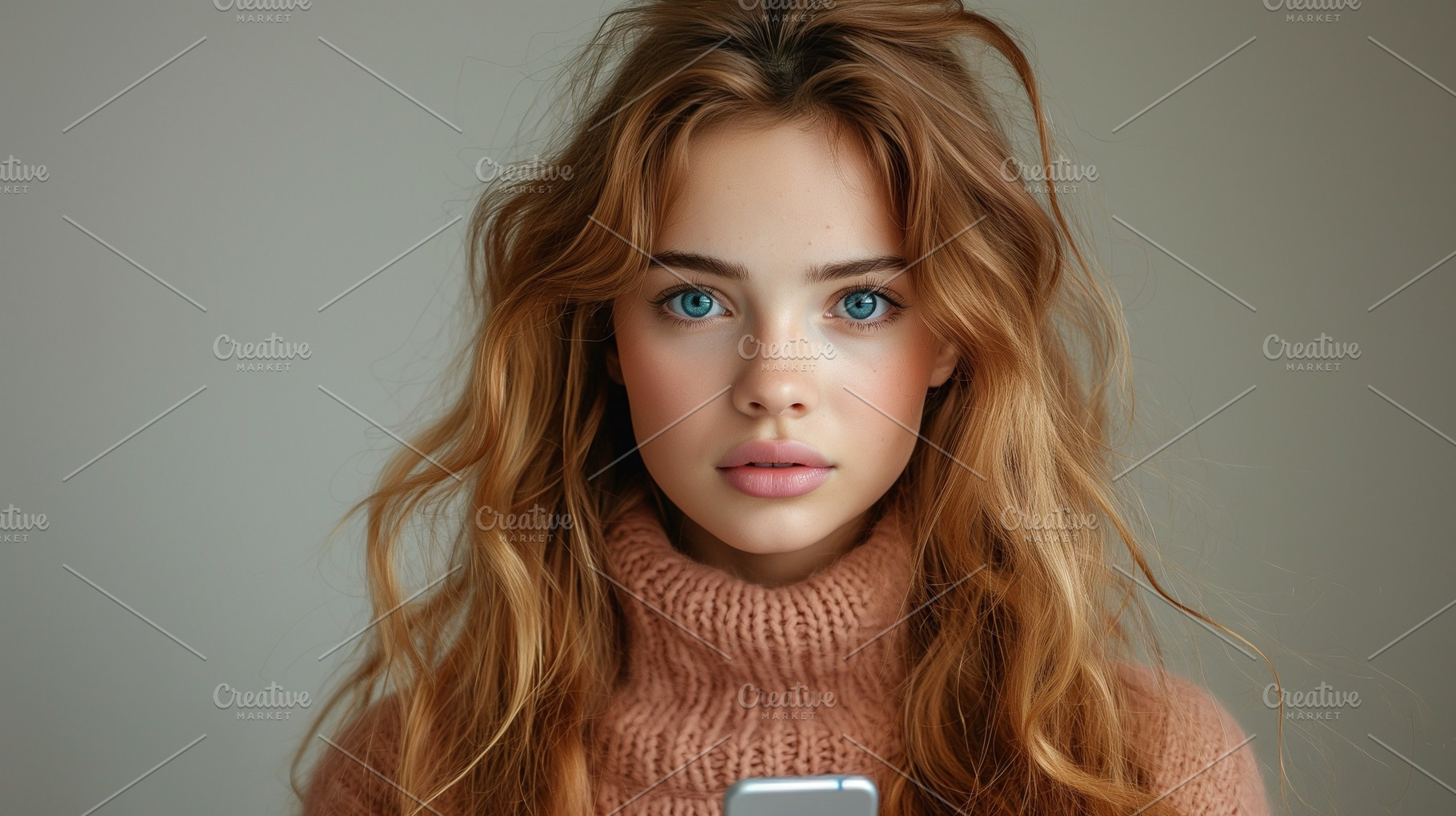 A young Caucasian woman with long, wavy hair holds a smartphone, displaying a c, a Person Photo by ImageMir