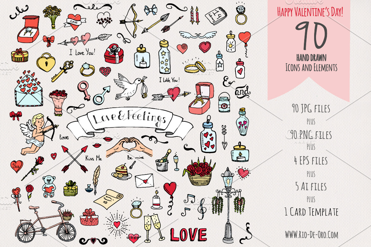 90 Hand drawn Love Elements&Symbols