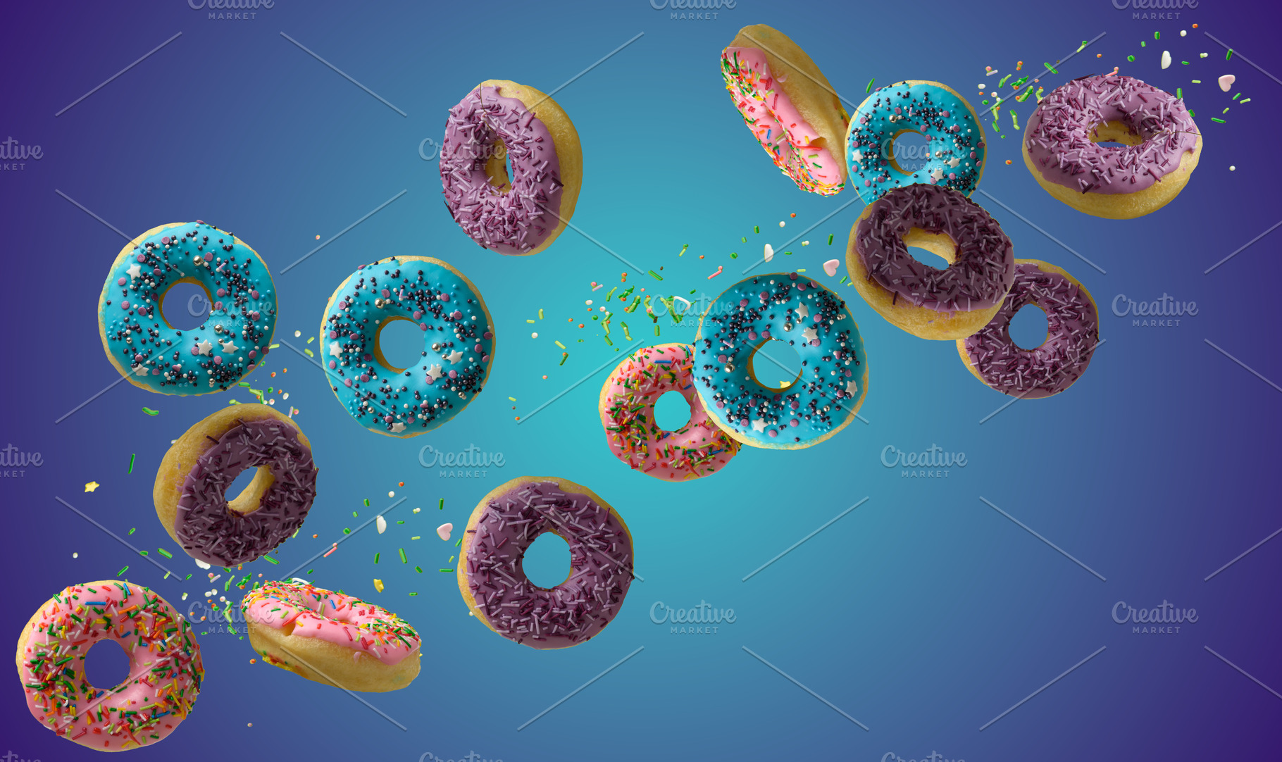 A dynamic composition of many multi-colored glazed donuts floati, a Food & Drink Photo by ndanko