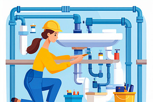 Woman plumber fixing pipes under a sink illustration, a Person Illustration by DanFLCreativo