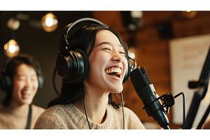 Asian female podcaster laughing, a Technology Photo by Sergey Kotenev