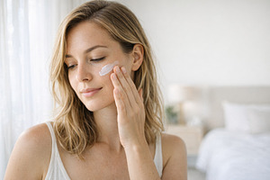 Woman applying facial cream in cozy, a Photo by Dvoevnore photos