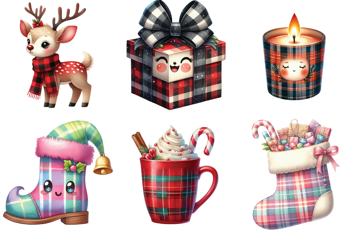 Kawaii Plaid Christmas Clipart, an Illustration by DreamArtGraphic (Photo 2 of 4)