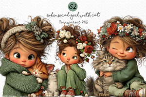 Whimsical Girl with Cat Clipart, a Seasonal Illustration by Craft Nest