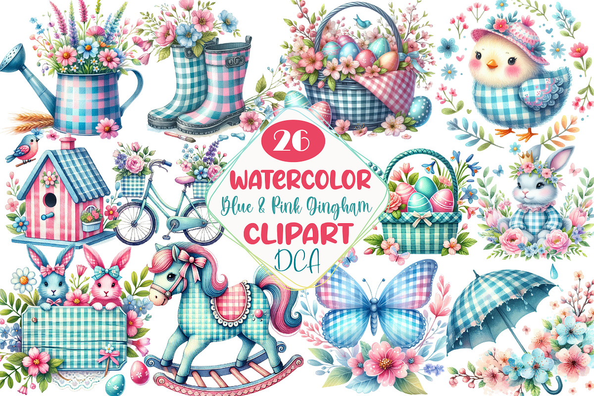 Blue & Pink Gingham Spring Clipart, an Illustration by DreamCafeArt (Photo 1 of 6)