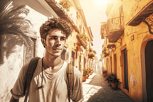 Cool Backpacker Walking In A Colorful Street. Holidays Concept. Generative AI