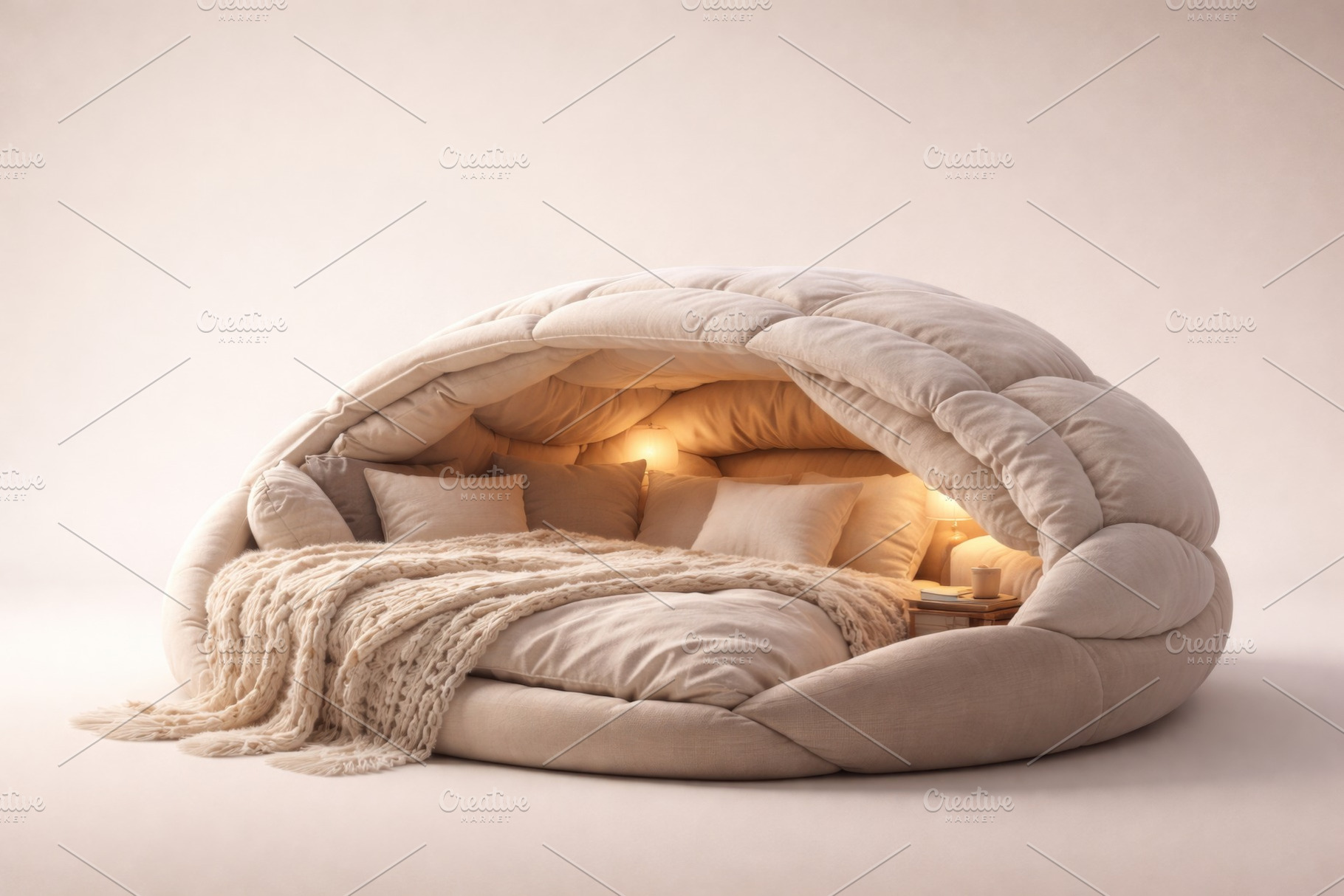 Cozy home interior with plush bed an, a Photo by Dvoevnore photos
