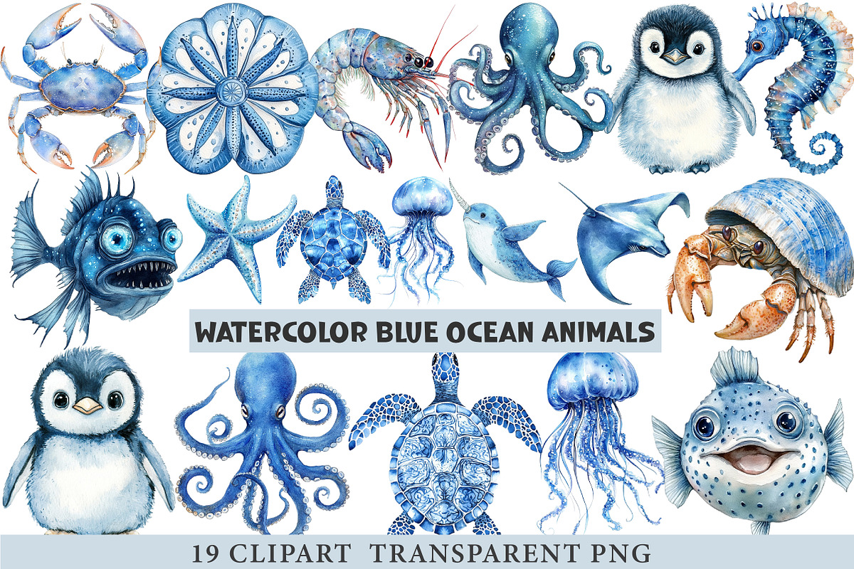 Watercolor Blue Ocean Animals Png, an Animal Illustration by cherrydesign (Photo 1 of 3)