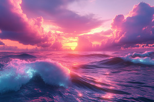 A serene ocean scene at sunset, featuring vibrant pink and purple hues in the s, a Photo by Textures & Backgrounds