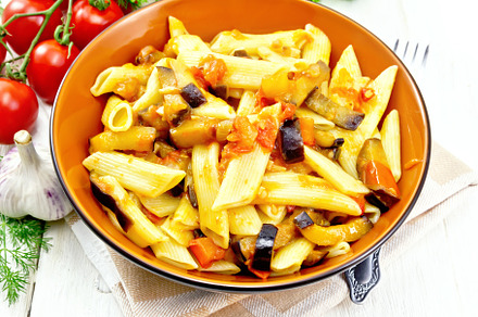 Pasta penne with eggplant and tomato, a Food & Drink Photo by rezkrr