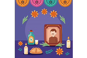 dia de los muertos altar and flowers, an Illustration by studiogstock