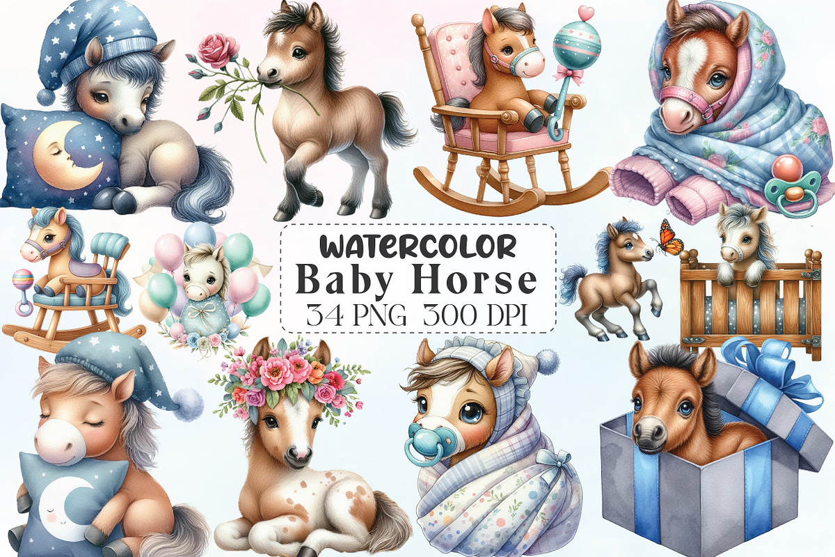 Watercolor Baby Horse Clipart, an Illustration by CraftArtStudio (Photo 1 of 6)