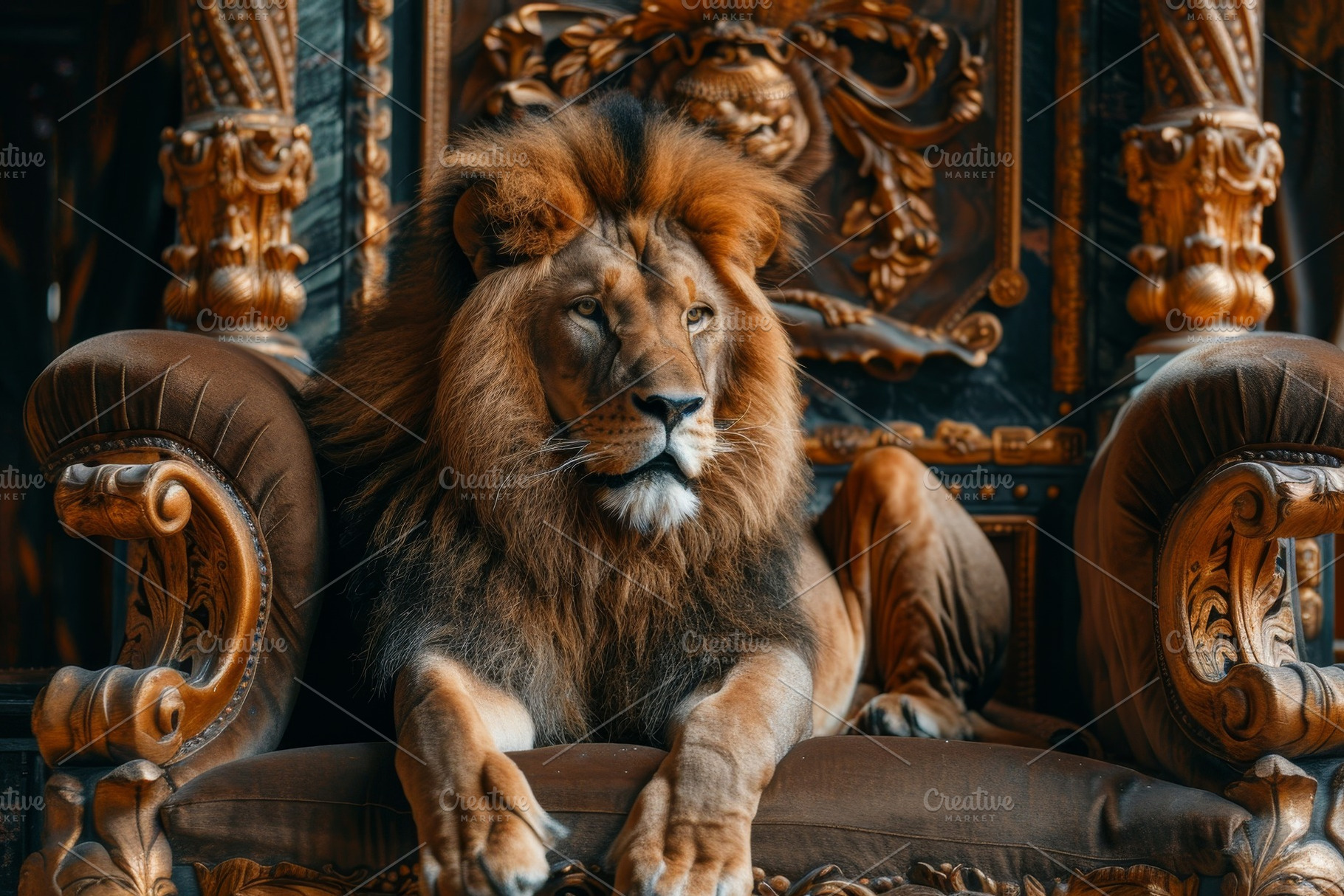 A lion rests gracefully on an elabor, a Photo by Tanuart