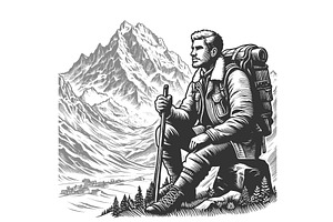 Explorer Resting in Mountain, a Person Illustration by AlexArt