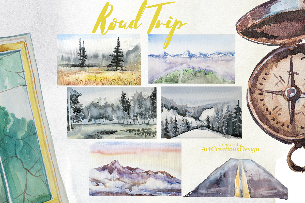 Watercolor Road Trip Clipart Set, a Person Illustration by ArtCreationsDesign (Photo 16 of 19)