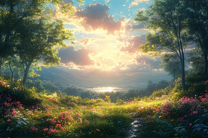 Sunrise over a vibrant meadow beside a serene lake with flowers, a Nature Photo by AlyaAnd