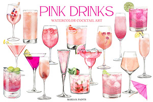 Pink Drinks Watercolor Cocktail Set