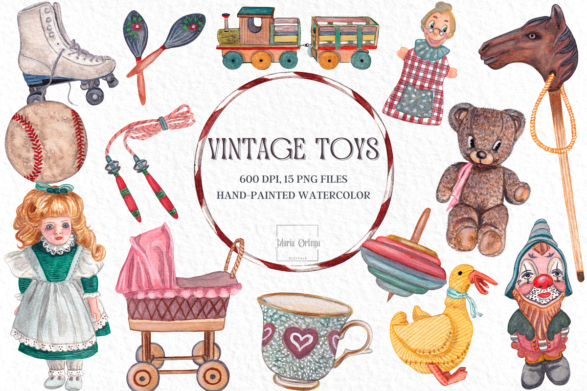 Vintage Toys Watercolor Clipart, an Illustration by MariaOrtegaDigitals (Photo 1 of 6)