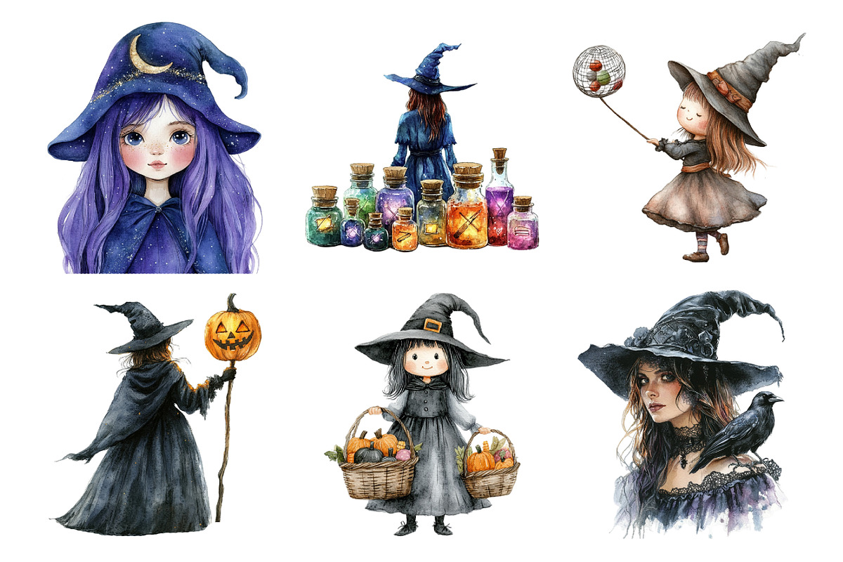 Watercolor Halloween Witch Clipart, an Illustration by Daily.Designs (Photo 2 of 5)