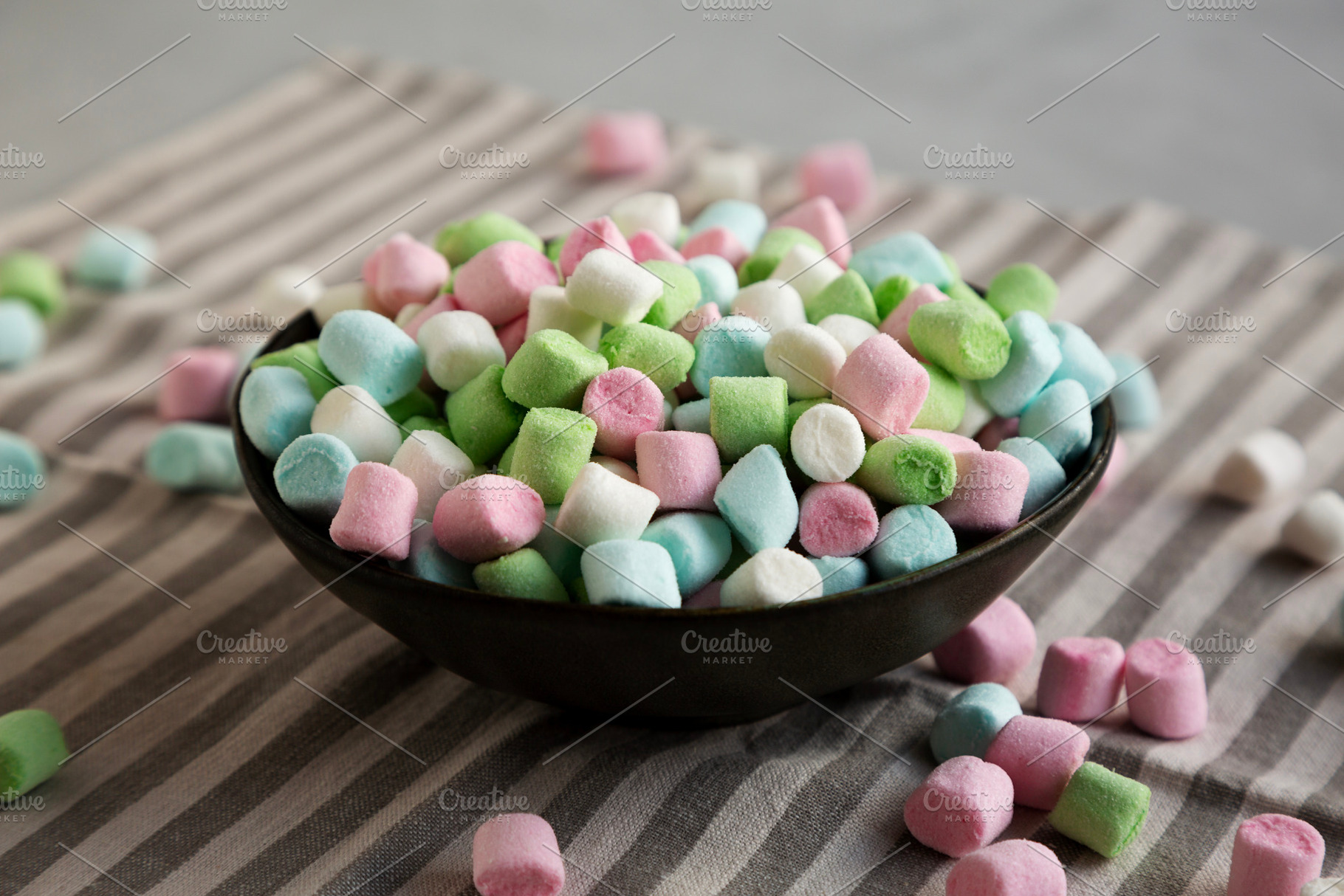 Fruity Colored Rainbow Marshmallows in a Bowl, low angle view., a Food & Drink Photo by LiudmylaChuhunova