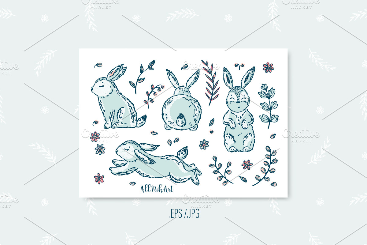 Hand Drawn Rabbits & Floral Elements, a Pattern Graphic by AllNikArt (Photo 4 of 4)