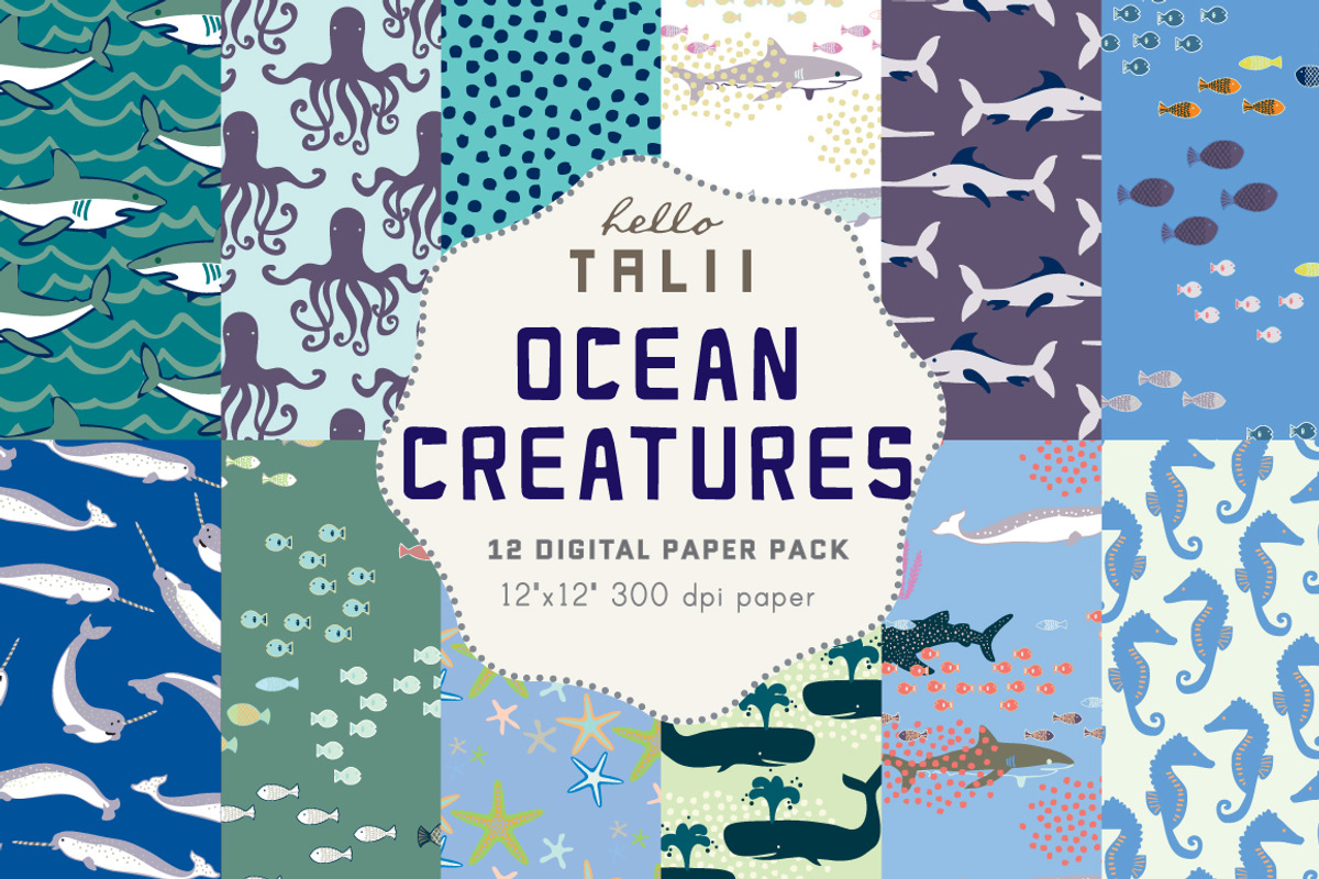 Ocean Creatures Digital Paper, a Pattern Graphic by Hello Talii (Photo 1 of 3)