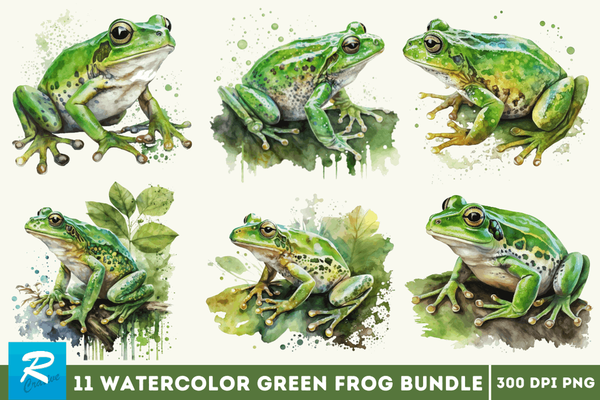 Watercolor Green Frog Clipart Bundle, an Object Graphic by Regulrcrative (Photo 1 of 7)