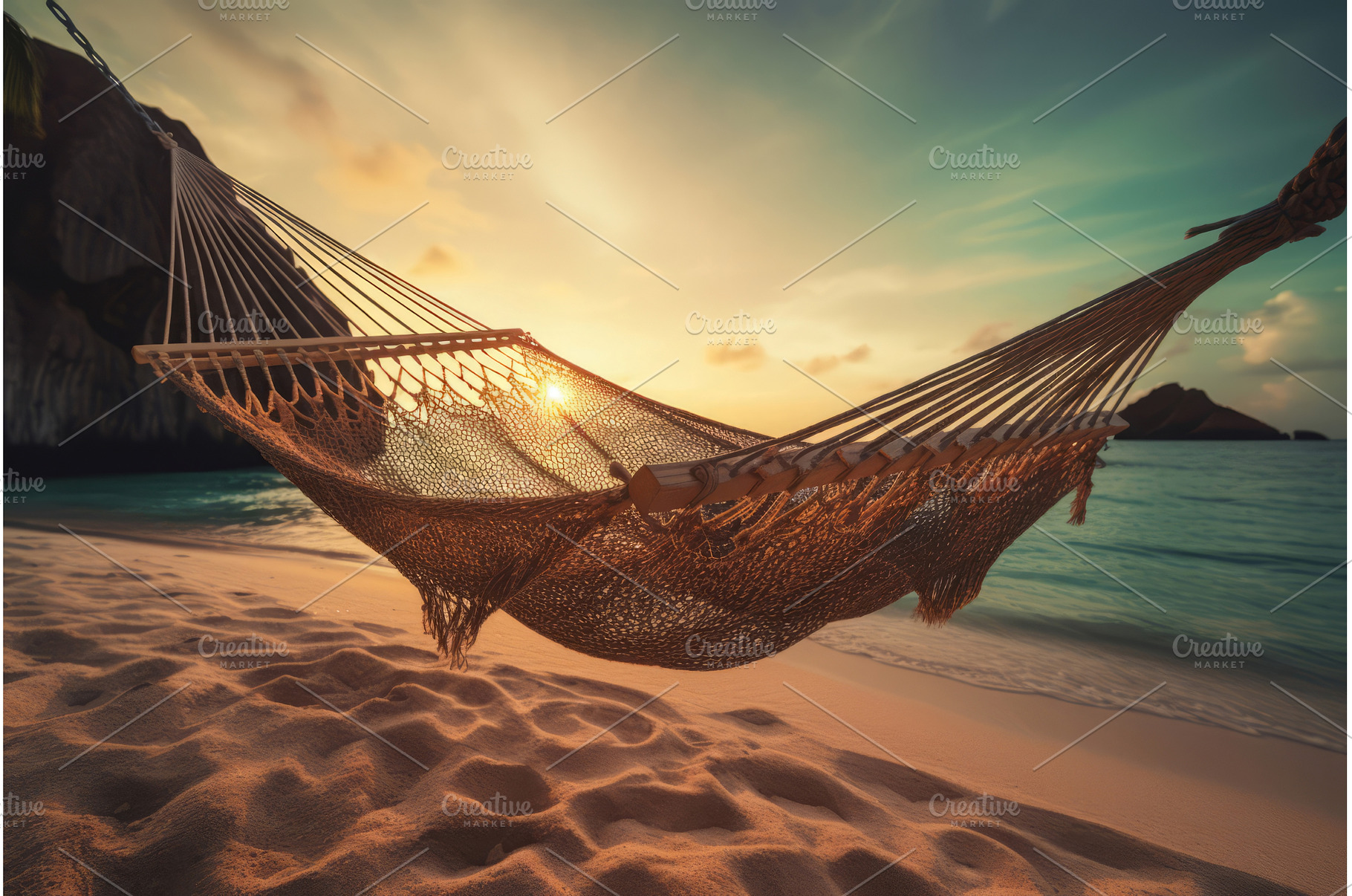 Hammock on exotic beach with sunrise, a Nature Photo by Ylivdesign