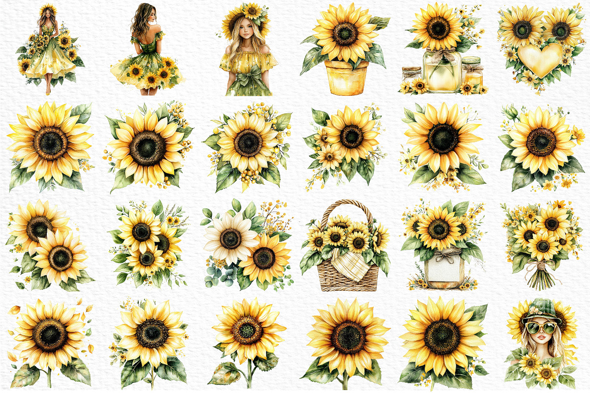 Watercolor Sunflower Summer Clipart, an Illustration by Craft Nest (Photo 6 of 12)