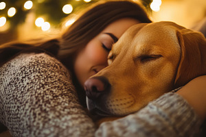 Cozy moment: Woman and dog snuggling, an Animal Photo by Pixeness Studio