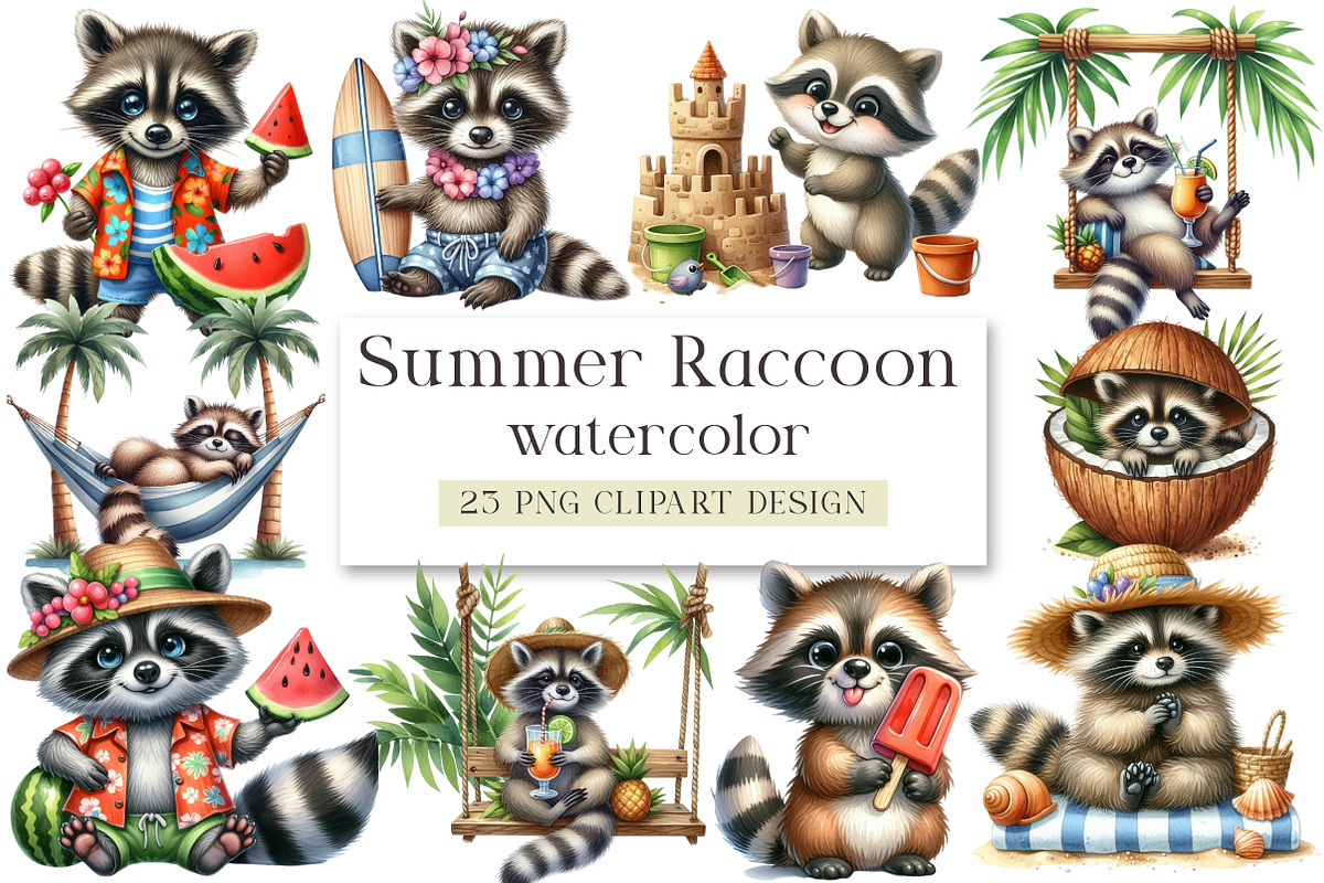 Summer Raccoon Sublimation Clipart, a Seasonal Illustration by DreamArtGraphic (Photo 1 of 4)