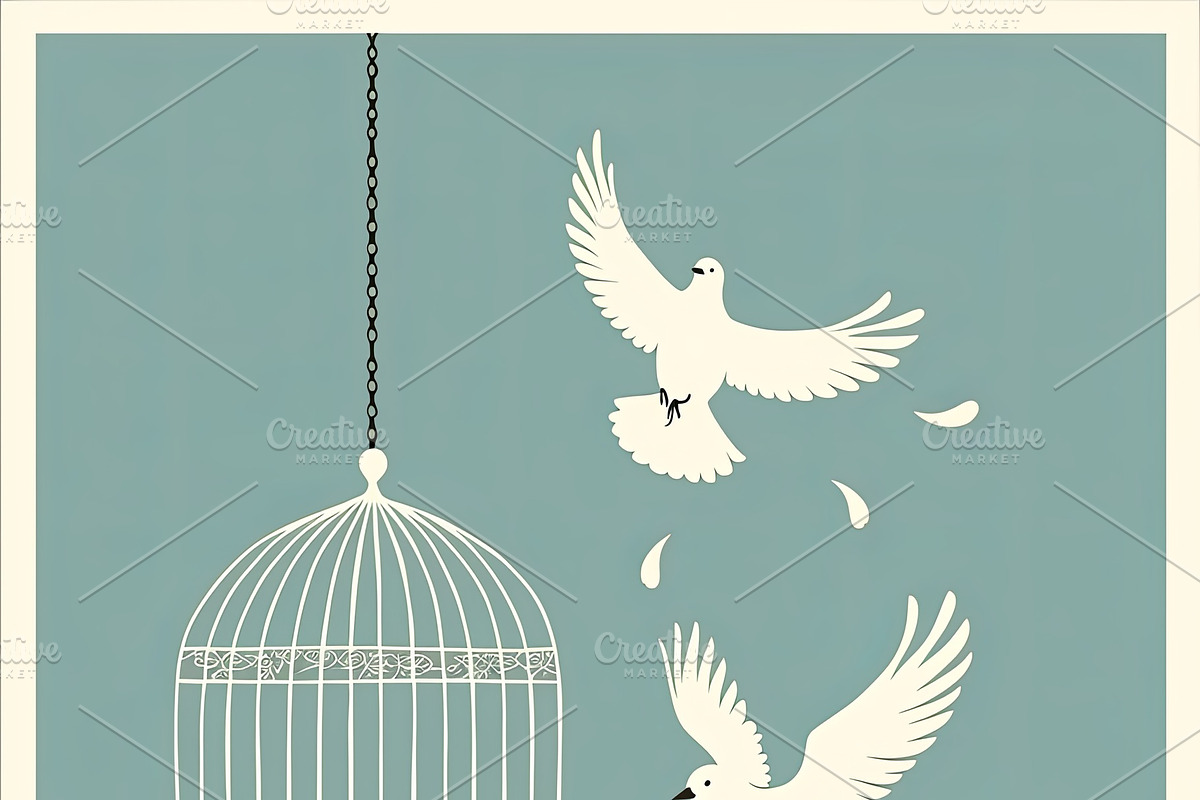 Illustration of Two White Birds Flying Free From a Decorative Birdcage, an Illustration by AS photostudio