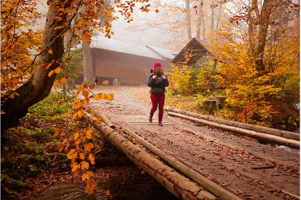 Woman is going across the wooden, a Person Photo by oksix