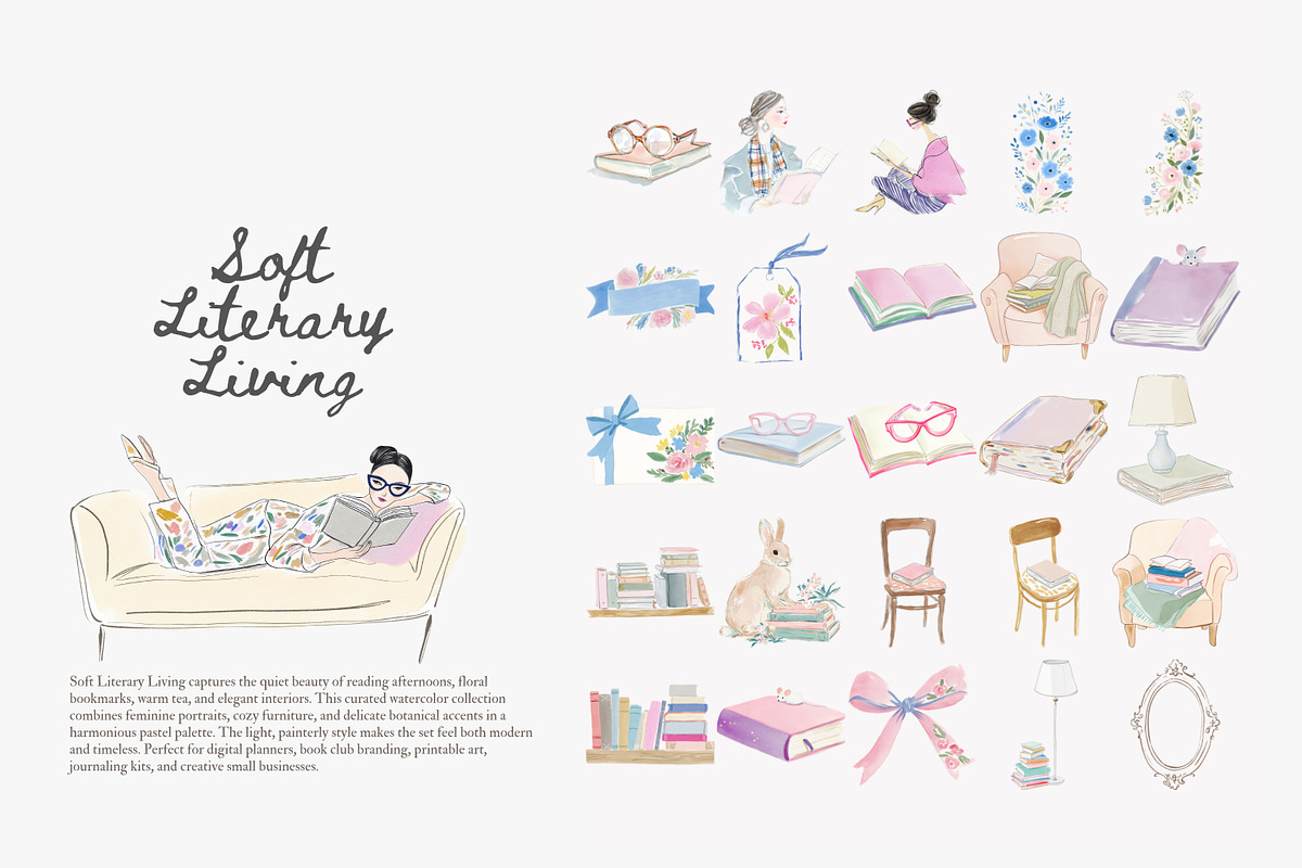 Soft literary living clipart bundle, a Decorative Illustration by Patishop Art (Photo 2 of 8)