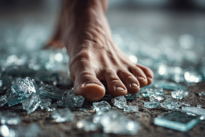 Close-up of a bare foot cautiously moving among sharp broken gla, a Person Photo by Ales Munt