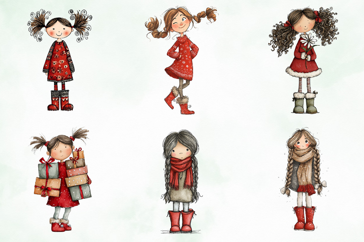 Quirky Funny Christmas Girls Clipart, an Illustration by Creative Art (Photo 8 of 13)