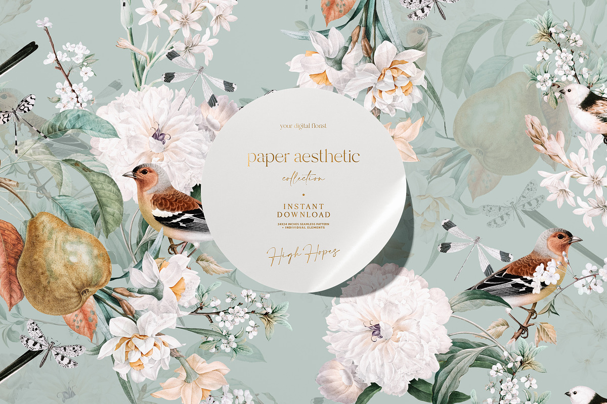 Spring Mint Birds Flower Pattern, a Pattern Graphic by paper aesthetic (Photo 1 of 10)