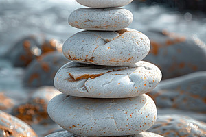 Stacked white stones on beach with ocean waves, balance and calm, an Abstract Photo by José Manuel Gelpi