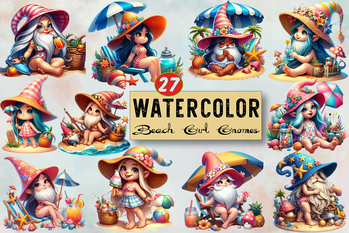Watercolor Beach Girl Gnomes Clipart, an Illustration by SVGArt