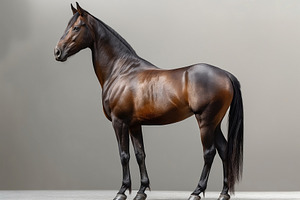 A stunning sleek bay horse stands proudly against a neutral backdrop, showcasin, an Animal Photo by ImageMir
