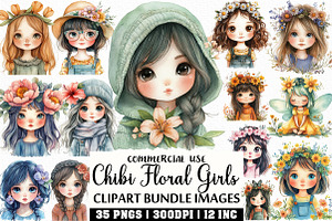 Cute Chibi Floral Girls Clipart, an Illustration by Craft Nest