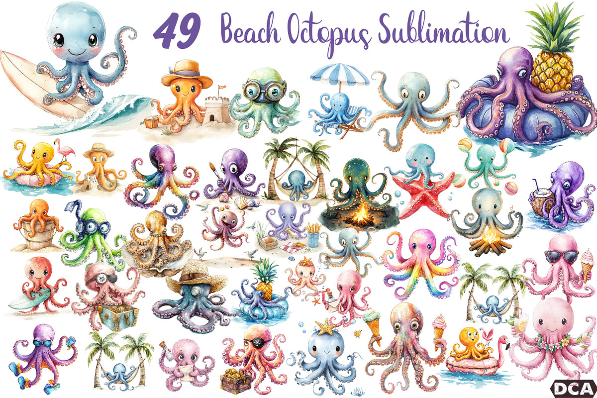 Summer Beach Octopus Sublimation, an Illustration by DreamCafeArt (Photo 1 of 3)