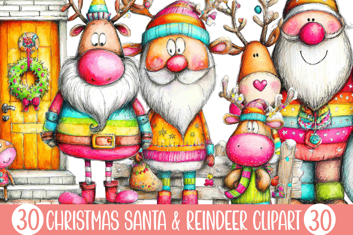Christmas Santa & Reindeer Clipart, an Illustration by Designking (Photo 1 of 5)