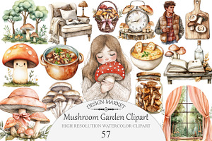 Watercolor Mushroom Garden Clipart, an Illustration by Design Market