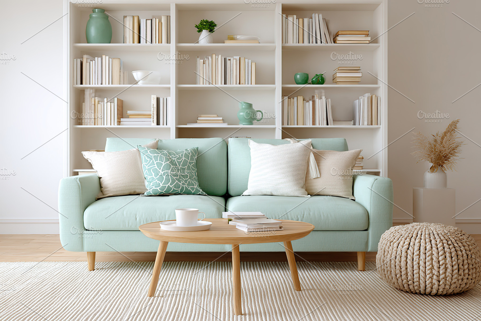 Cozy living room featuring a bookshelf wall with decorative elements and a comf, a Photo by AlyaAnd