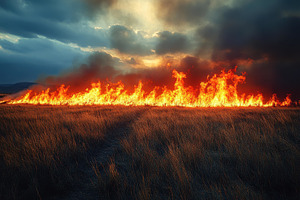 Wildfire consumes grassland under a, a Photo by Tanuart