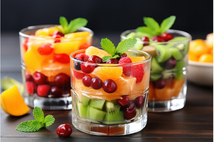 Fresh fruit salad in glass cups, a Food & Drink Photo by Ylivdesign