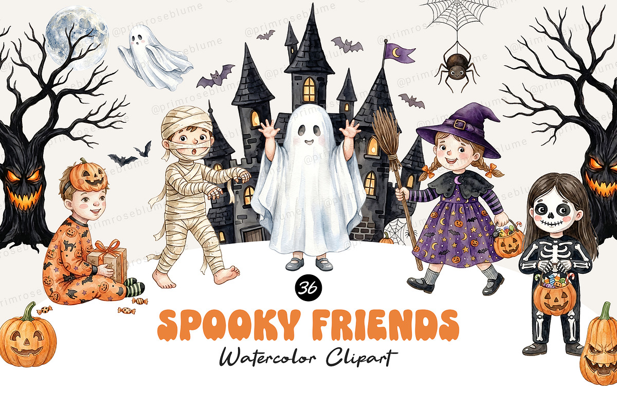 Spooky Friends Watercolor Clipart, a Seasonal Illustration by Primrose Blume (Photo 1 of 4)