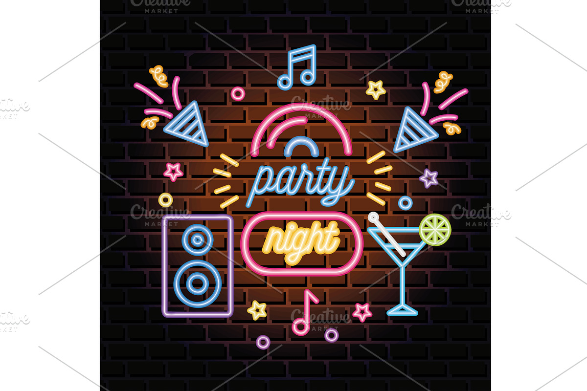 party night neon lettering, an Illustration by studiogstock