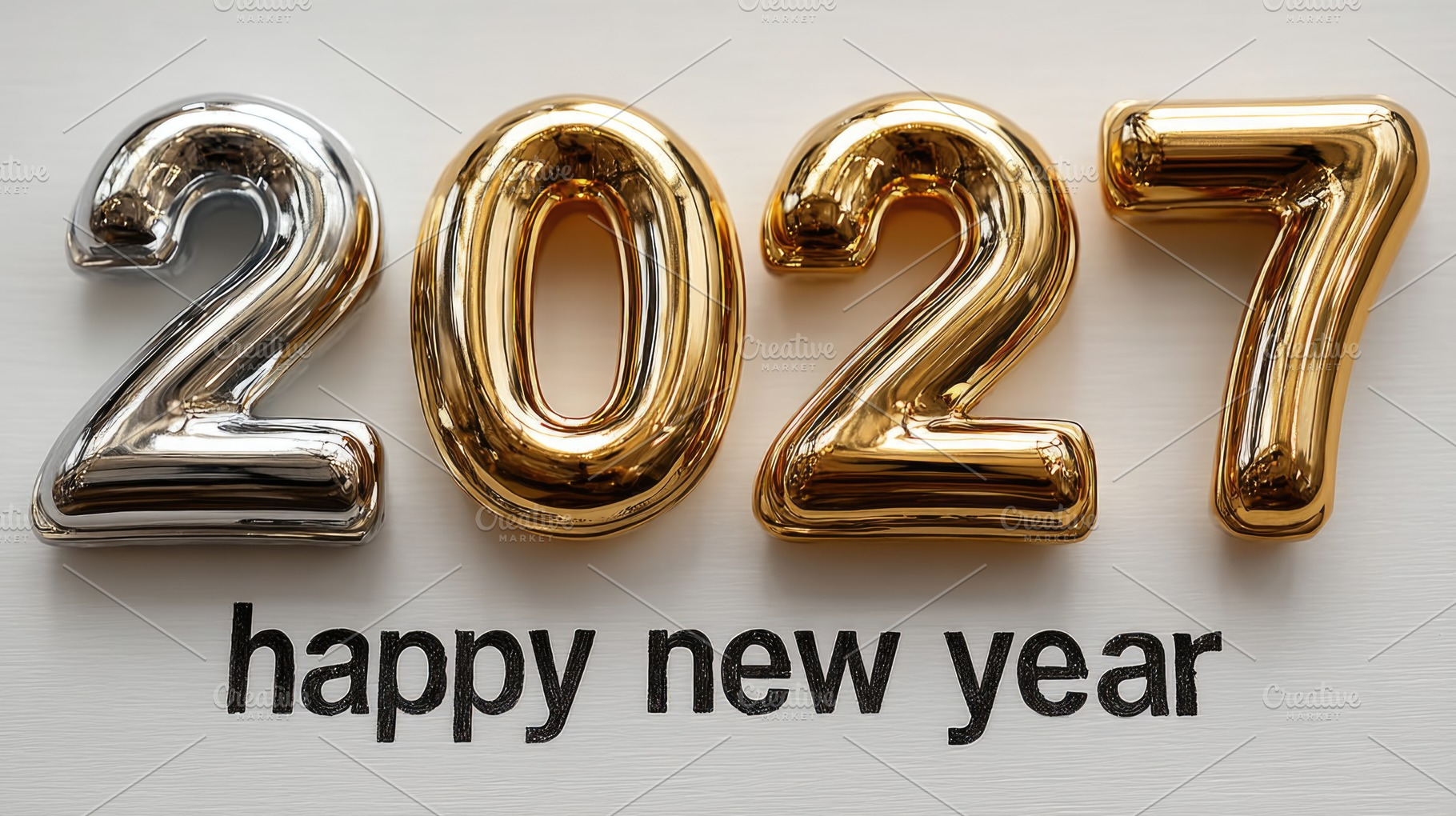 Metallic 2027 Happy New Year Balloon Numbers on White Background, a Holiday Photo by José Manuel Gelpi